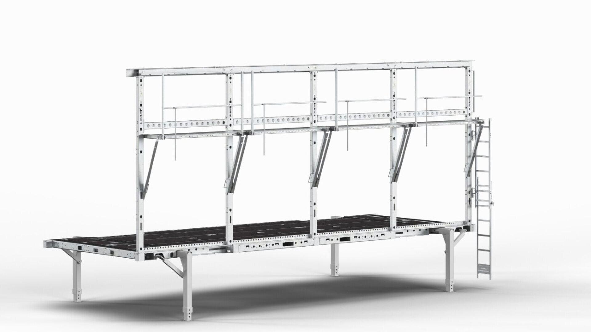 A metal industrial platform with a raised guardrail, support beams, and an attached ladder on the right side, shown against a plain white background.