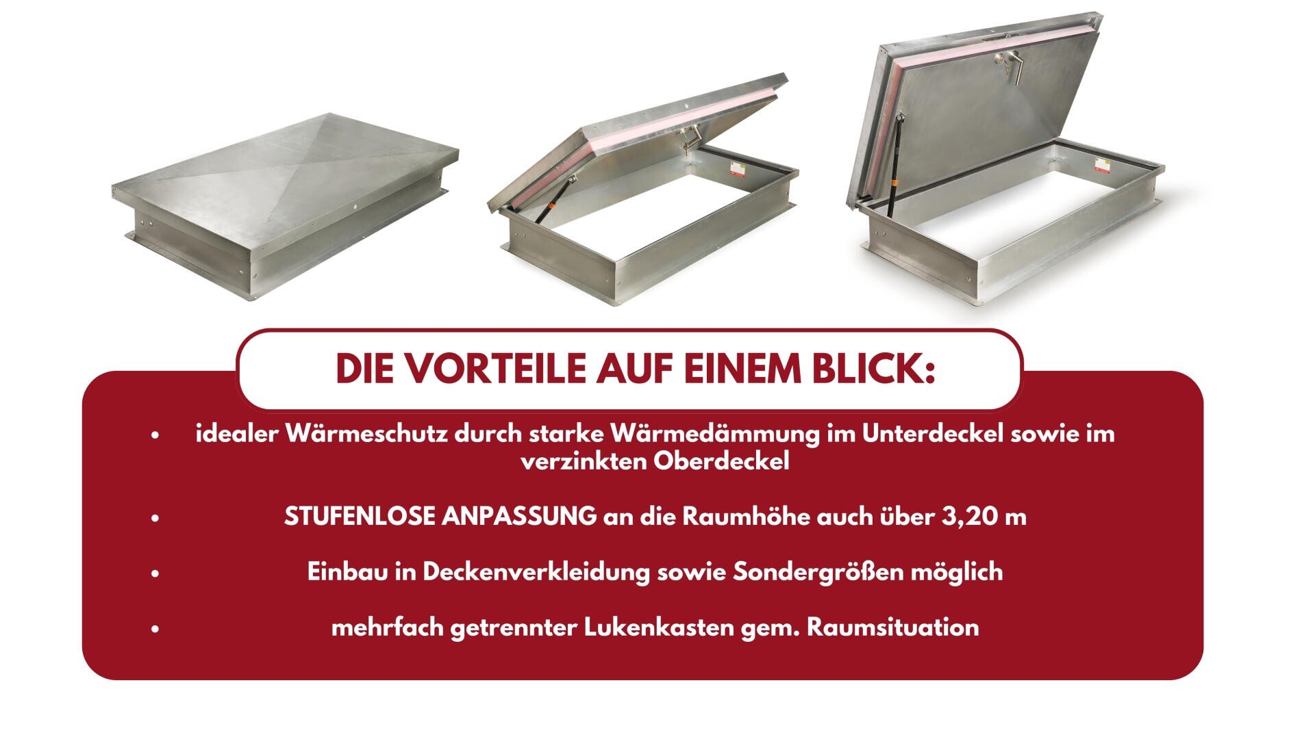 Drei Metalldachausstiege sind im geöffneten und geschlossenen Zustand abgebildet. Unten werden die Vorteile der Ausstiege hervorgehoben: starke Isolierung, einstellbare Größen über 3,2 m, Sondergrößen und mehrere getrennte Fächer.