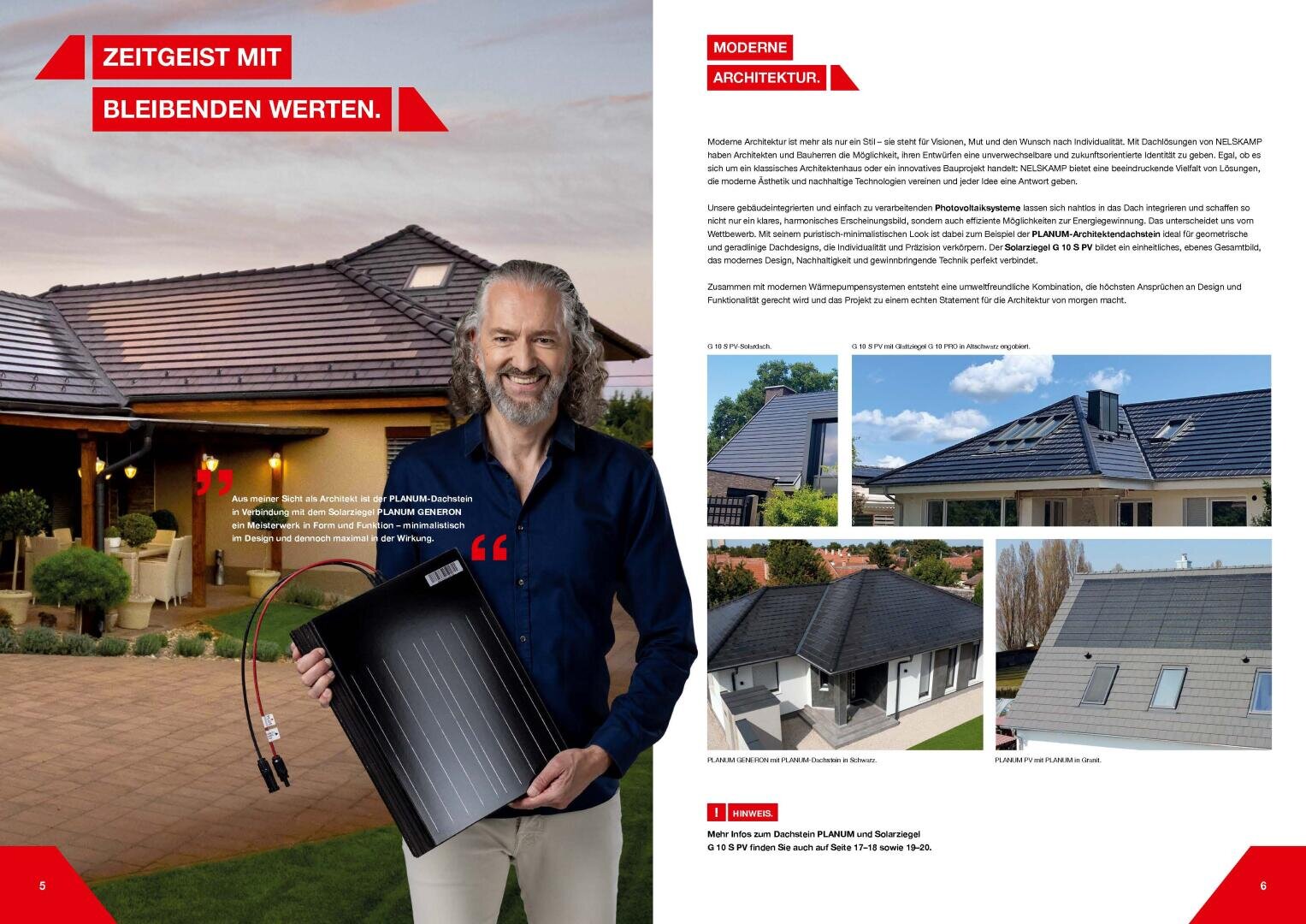 Ein lächelnder Mann mit langen Haaren und Bart hält ein Solarpanel vor einem modernen Haus mit Solardachziegeln. Die gegenüberliegende Seite zeigt moderne Häuser mit Solardächern und Text über moderne Architektur und nachhaltige Energie.