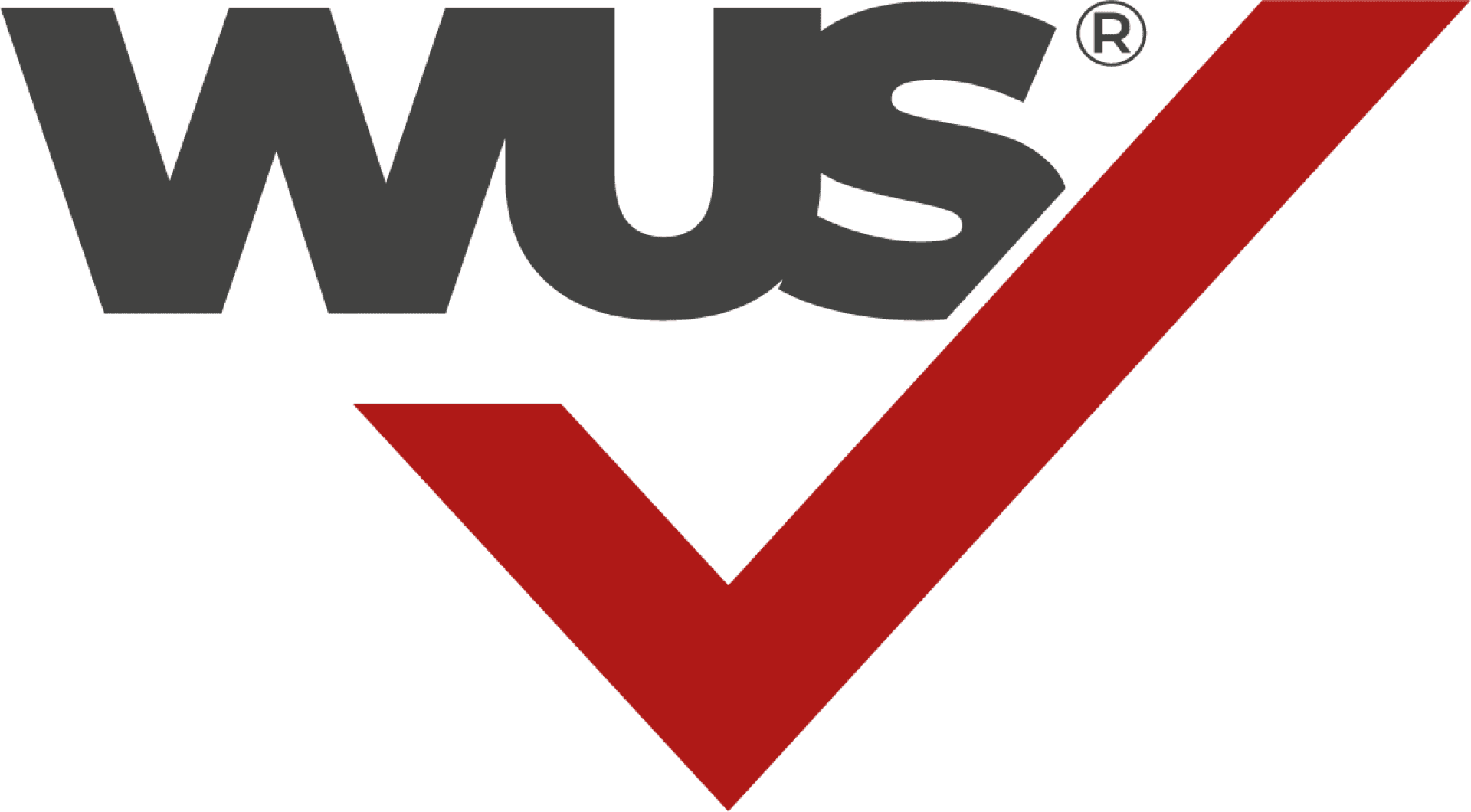 Logo with bold black letters WUS and a large red checkmark extending from the bottom right, partially overlapping the text. The registered trademark symbol appears near the top right of the letter S.