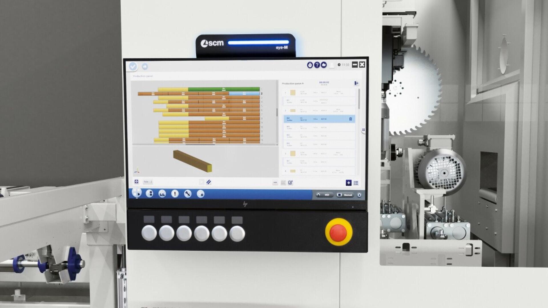 A close-up of an industrial machines control panel displaying a touchscreen interface with a wood cutting optimization diagram, various buttons, and a large emergency stop button. Machinery parts are visible in the background.