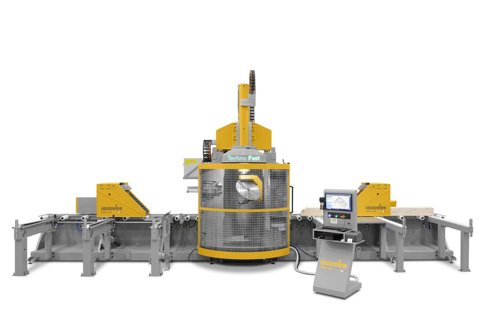 Eine große, industrielle Steinschneidemaschine mit einem gelb-grauen Gehäuse, Schutzvorrichtungen und einem angeschlossenen digitalen Bedienfeld, die für präzises automatisches Schneiden und Verarbeiten von Steinmaterialien konzipiert ist.