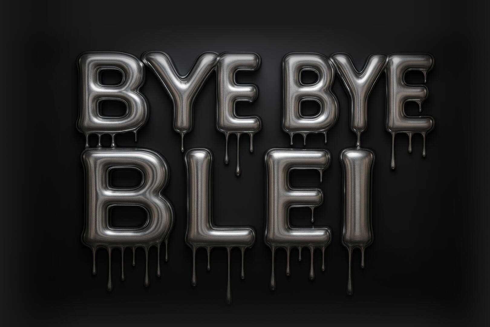 Metallische Luftballonbuchstaben mit der Aufschrift BYE BYE BLEI, mit schwarzer Flüssigkeit, die von den Buchstaben auf einen dunklen Hintergrund tropft.
