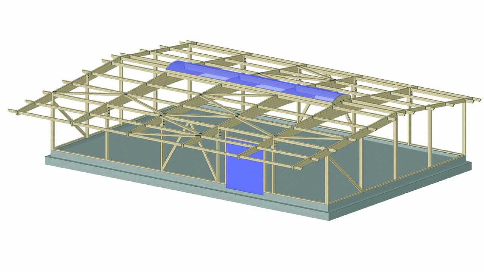 A 3D model of a rectangular wooden frame structure with a gabled roof, blue double doors on one side, and a blue rectangular skylight on the roof. The foundation appears to be concrete.