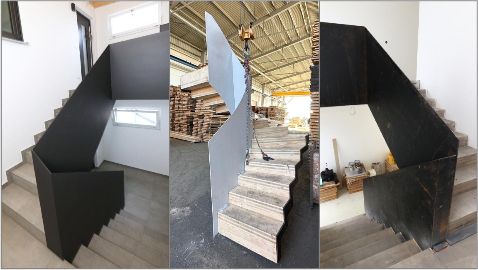 Drei Bilder einer modernen Treppe mit geländerhohem Stahl-Scheibengeländer in der Bauphase und mit fertigem Fliesen-Belag