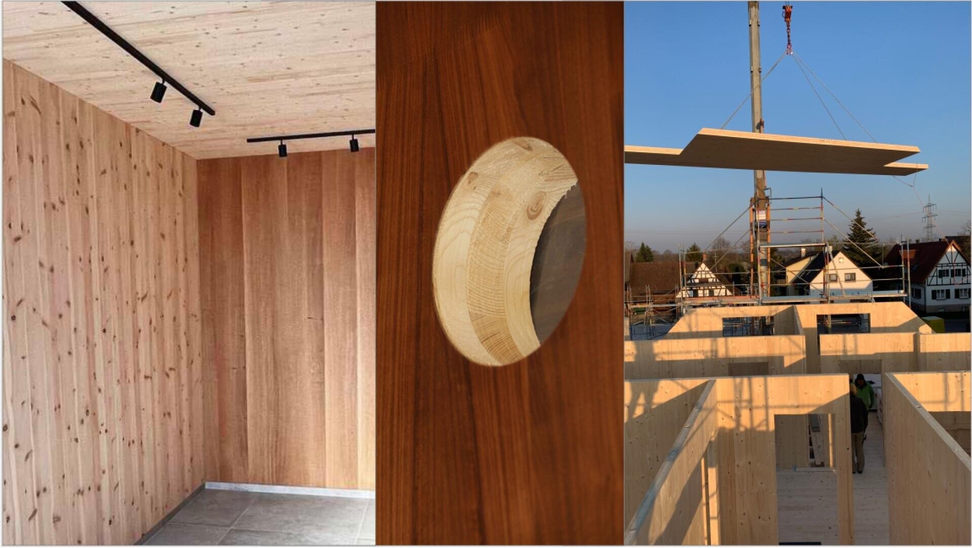 Exklusive Sichtoberflächen auf CLT-Elementen in Zirbe, Fichte, Eiche, Am. Nuss sowie ein Brettsperrholz-Haus, auf das der Kran das Deckenelement hebt.