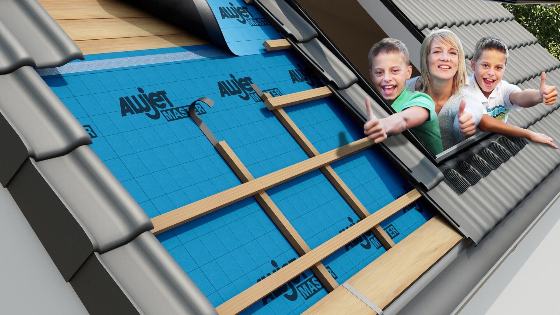 A woman and two children lean out of a skylight and point their thumbs up, while the roof is partially covered with blue underlayment, wooden battens and gray tiles.