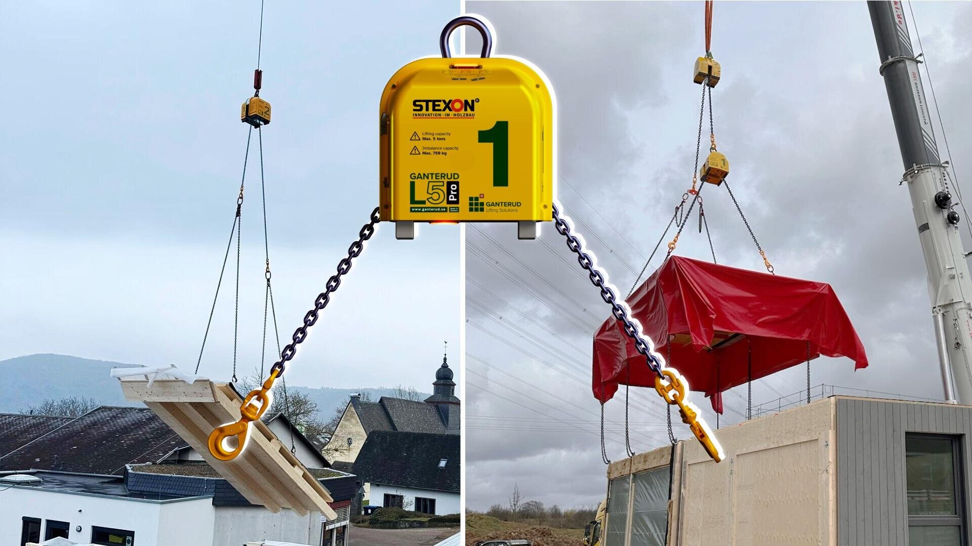 A yellow STEXON lifting device lifts large objects with chains and hooks; on the left it lifts a white plate, on the right an object covered with a red tarpaulin, both on an outdoor construction site.