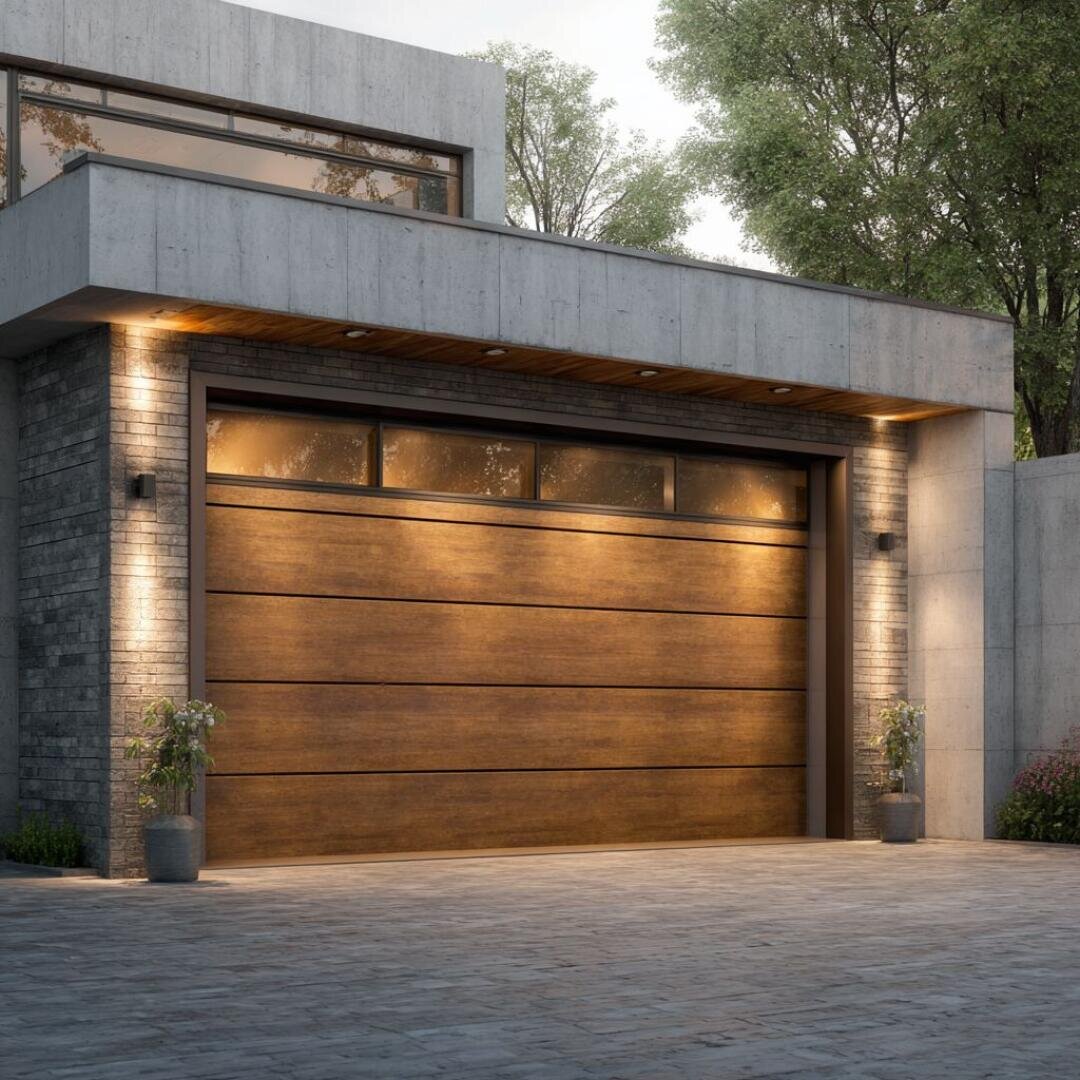 A modern house with a large wooden garage door, concrete and brick walls, potted plants on both sides and warm lights illuminating the entrance at dusk.
