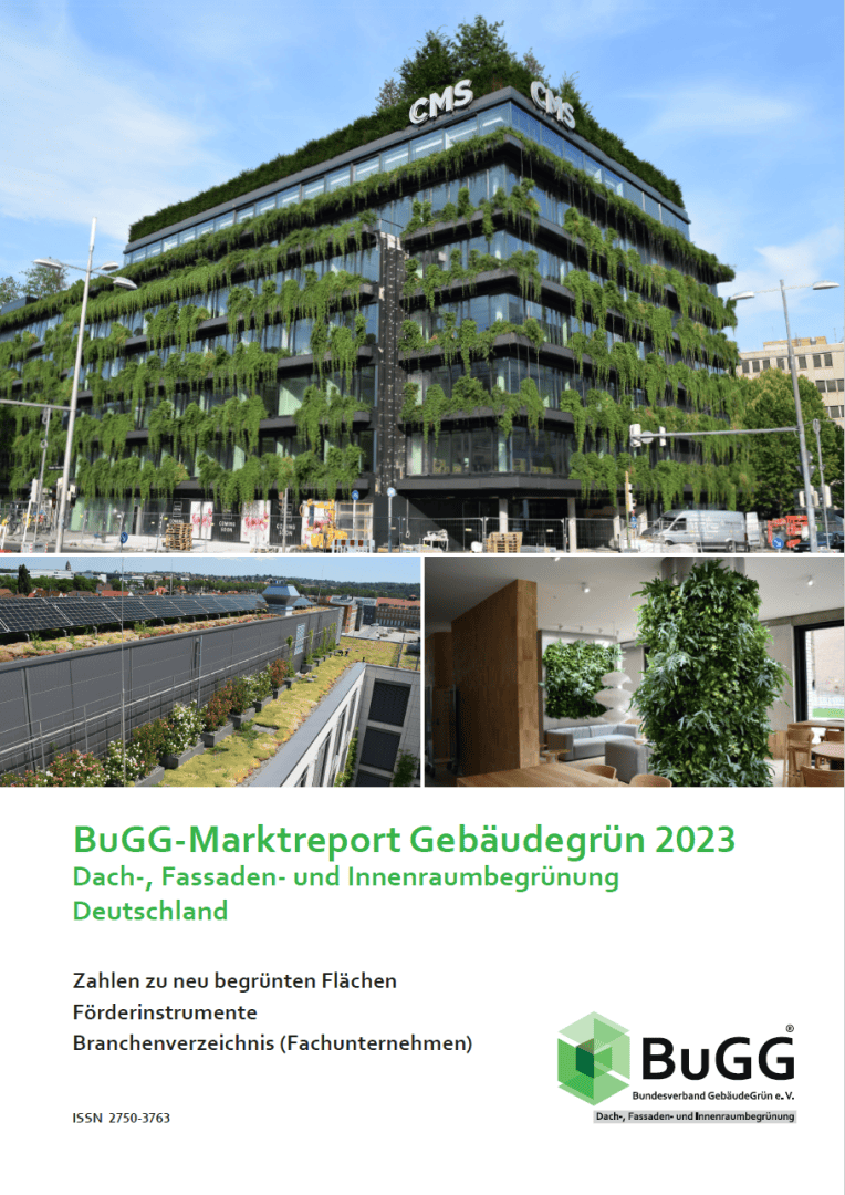 Titelbild des „BuGG-Marktreports Gebäudebegrün 2023“ zeigt moderne Bürogebäude mit extensiver Dach- und Fassadenbegrünung und fördert damit die Stadtbegrünung in Deutschland. Titel und Logos sind enthalten.