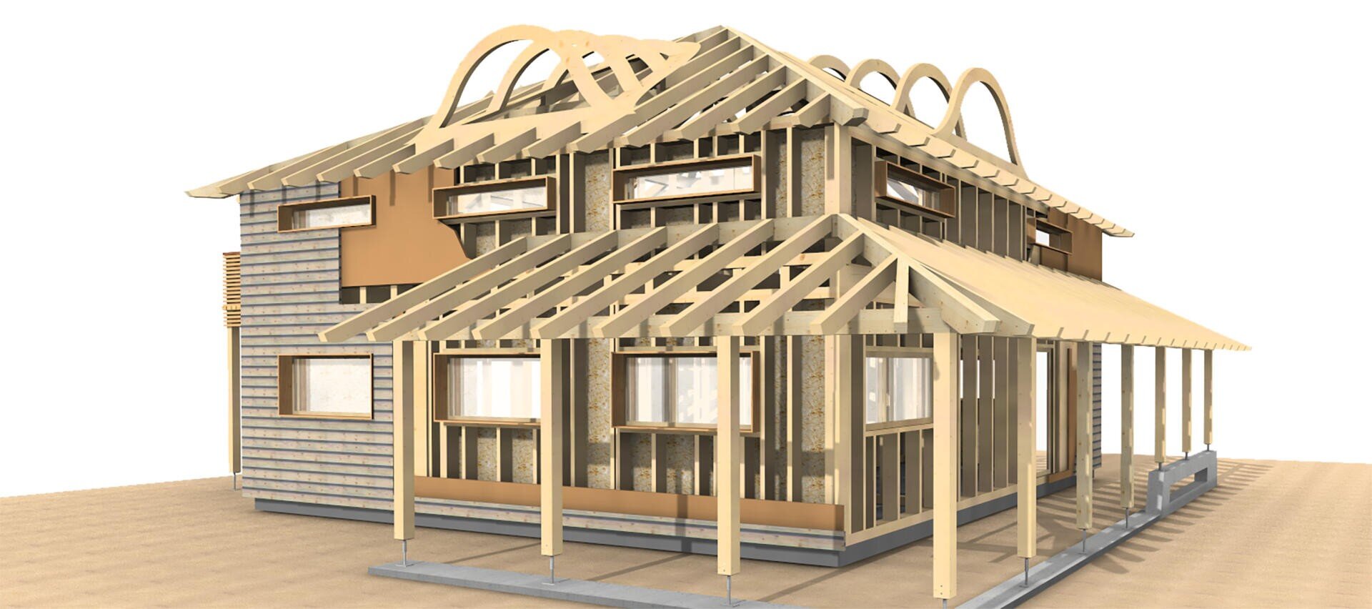 3D rendering of a partially constructed two-story house showing exposed wood beams, unfinished roof beams, and some installed windows and siding on the exterior. The building sits on a flat, sandy surface.