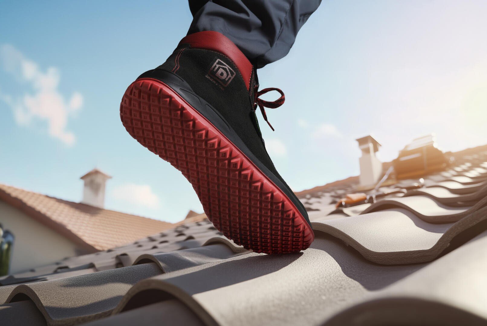 Nahaufnahme des Fußes einer Person in einem schwarz-roten Turnschuh, die auf ein Ziegeldach tritt, mit Sonnenlicht im Hintergrund und verschwommenen Dächern.
