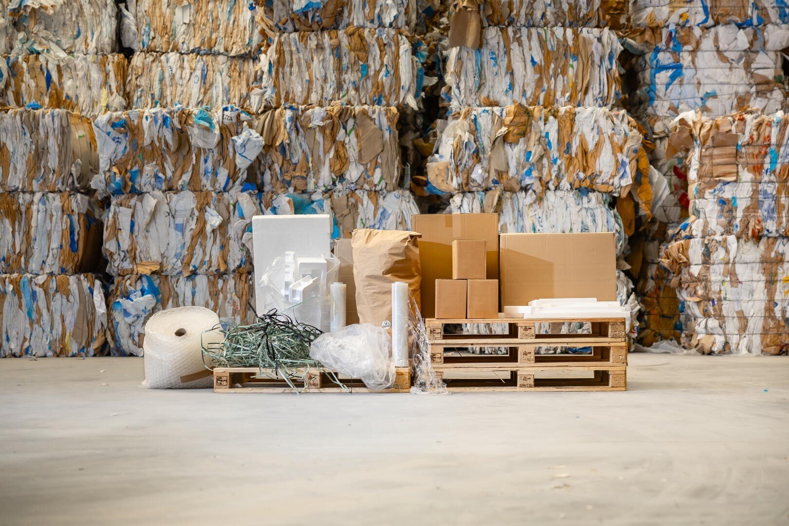 Various packaging materials such as cardboard boxes, plastic film, bubble wrap and packing paper are arranged on wooden pallets in front of large stacks of pressed paper bales in a warehouse.