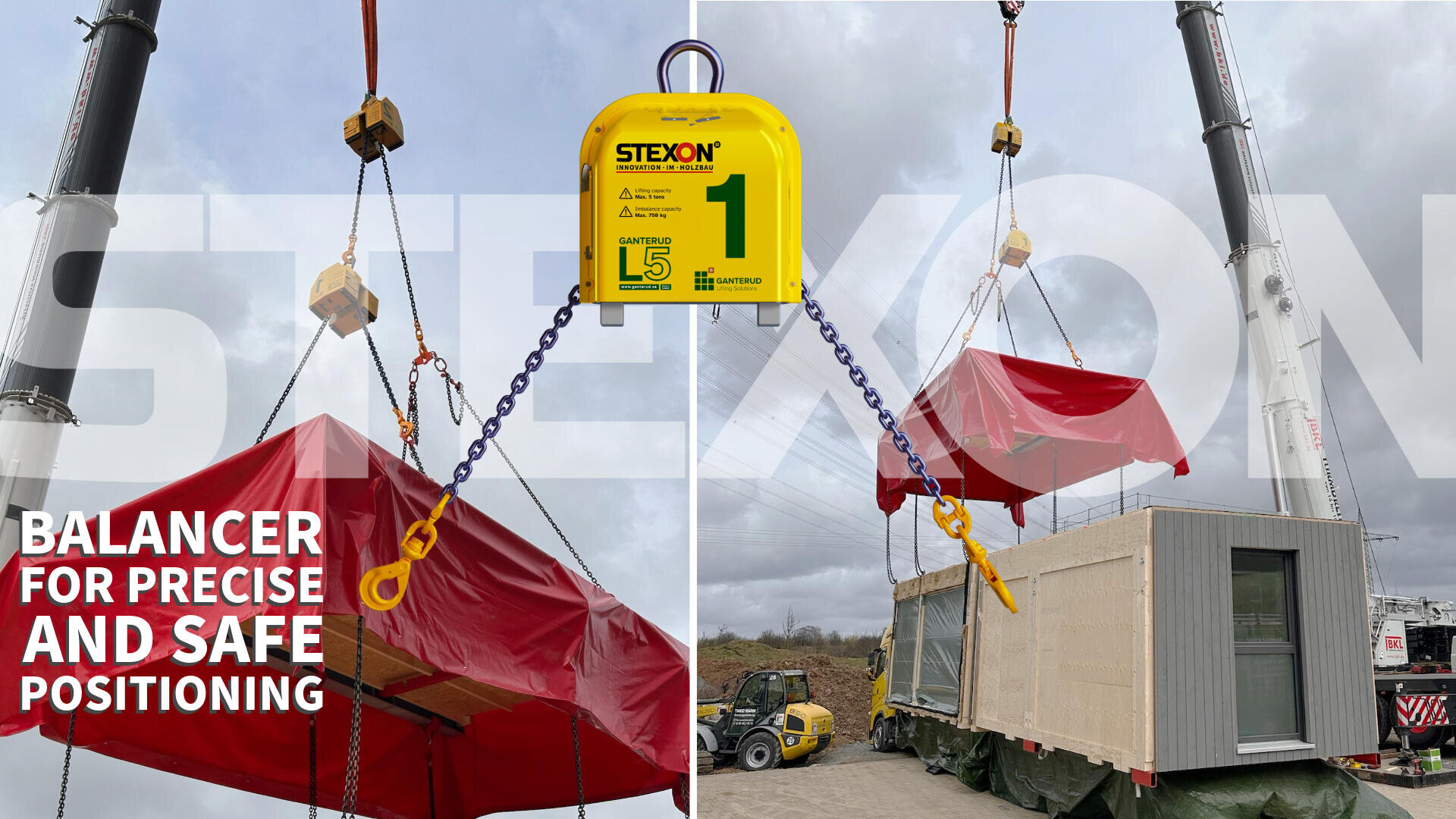 A crane lifts a prefabricated building covered in a red tarp using a yellow STEXON balancer. The words Balancer for precise and safe positioning are overlaid on the left side of the image.