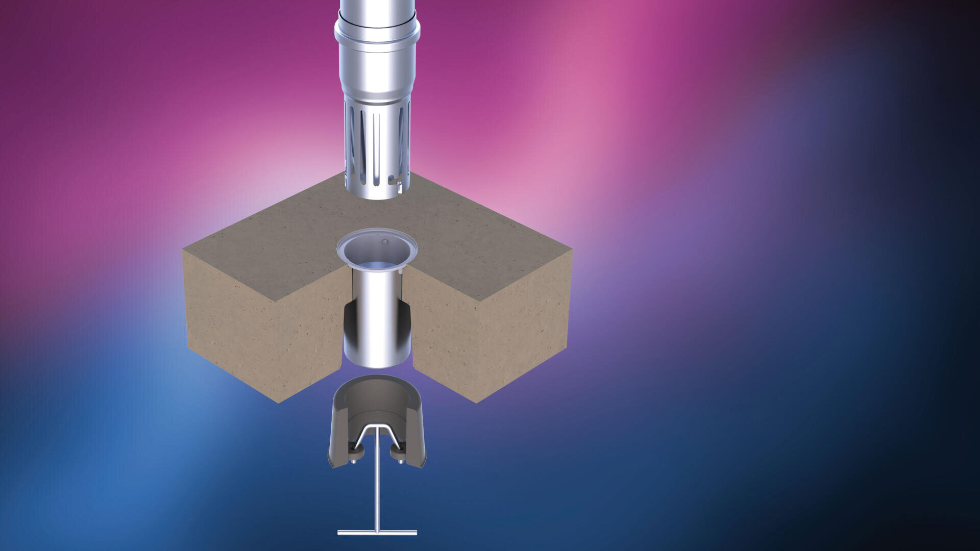 Eine 3D-Illustration zeigt eine zylindrische Metallvorrichtung in einem Block mit Querschnitt, mit einer U-förmigen Komponente und einer T-förmigen Basis darunter, vor einem Hintergrund mit rosa und blauem Farbverlauf.