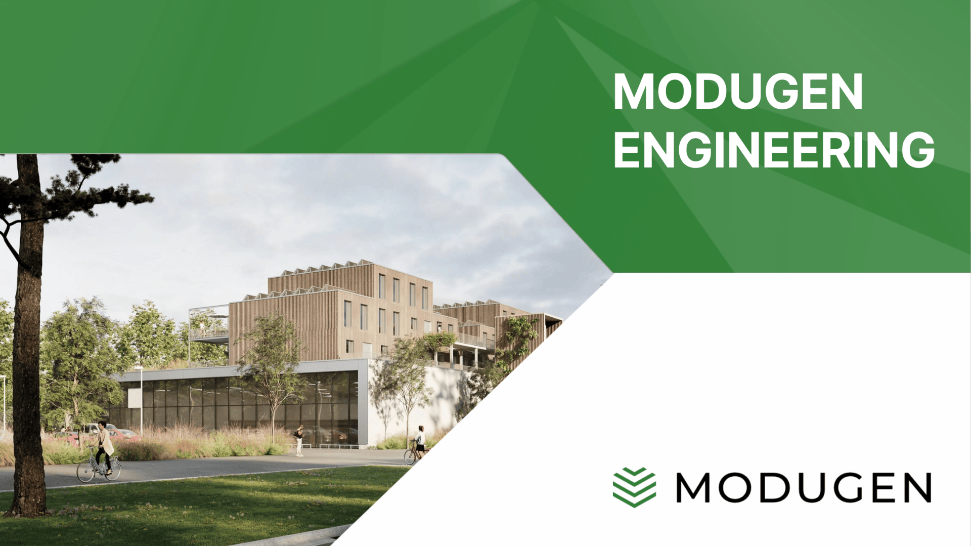 A modern, multi-story building with large windows surrounded by greenery. The image features the text “MODUGEN ENGINEERING” and the Modugen logo on a green and white geometric background.