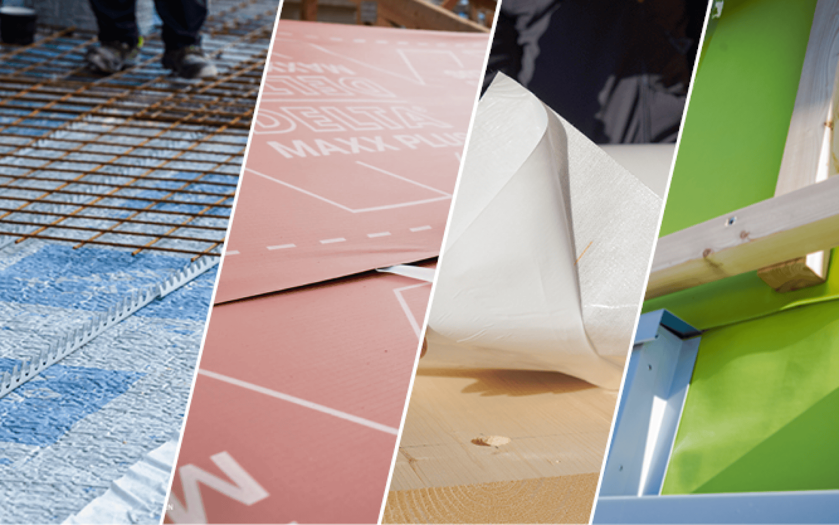 Four vertical panels show different building materials: reinforcing steel on insulation, pink foam boards, a protective film that can be removed by hand and a green wall with wooden frames and metal covers.