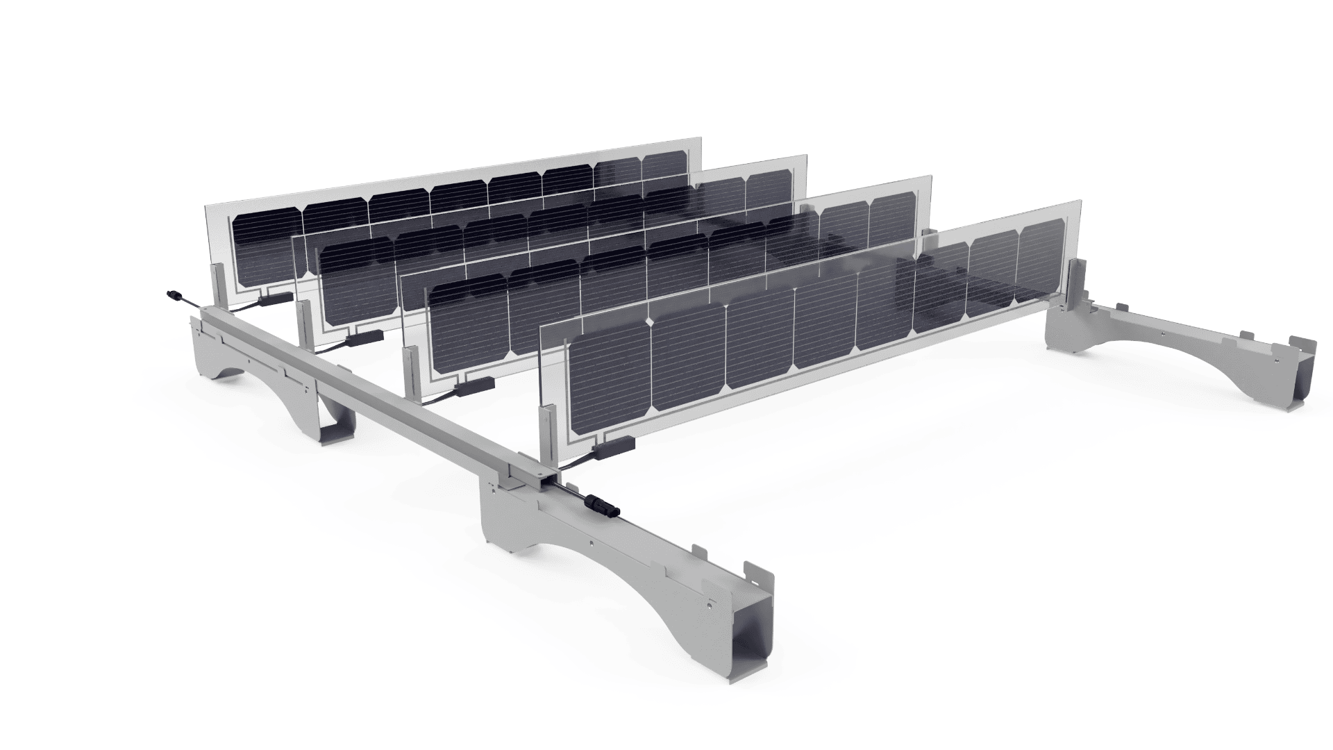 A 3D-rendered image of multiple rows of glass-glass solar panels mounted on a metal support structure, with wiring visible, designed for efficient solar energy collection.