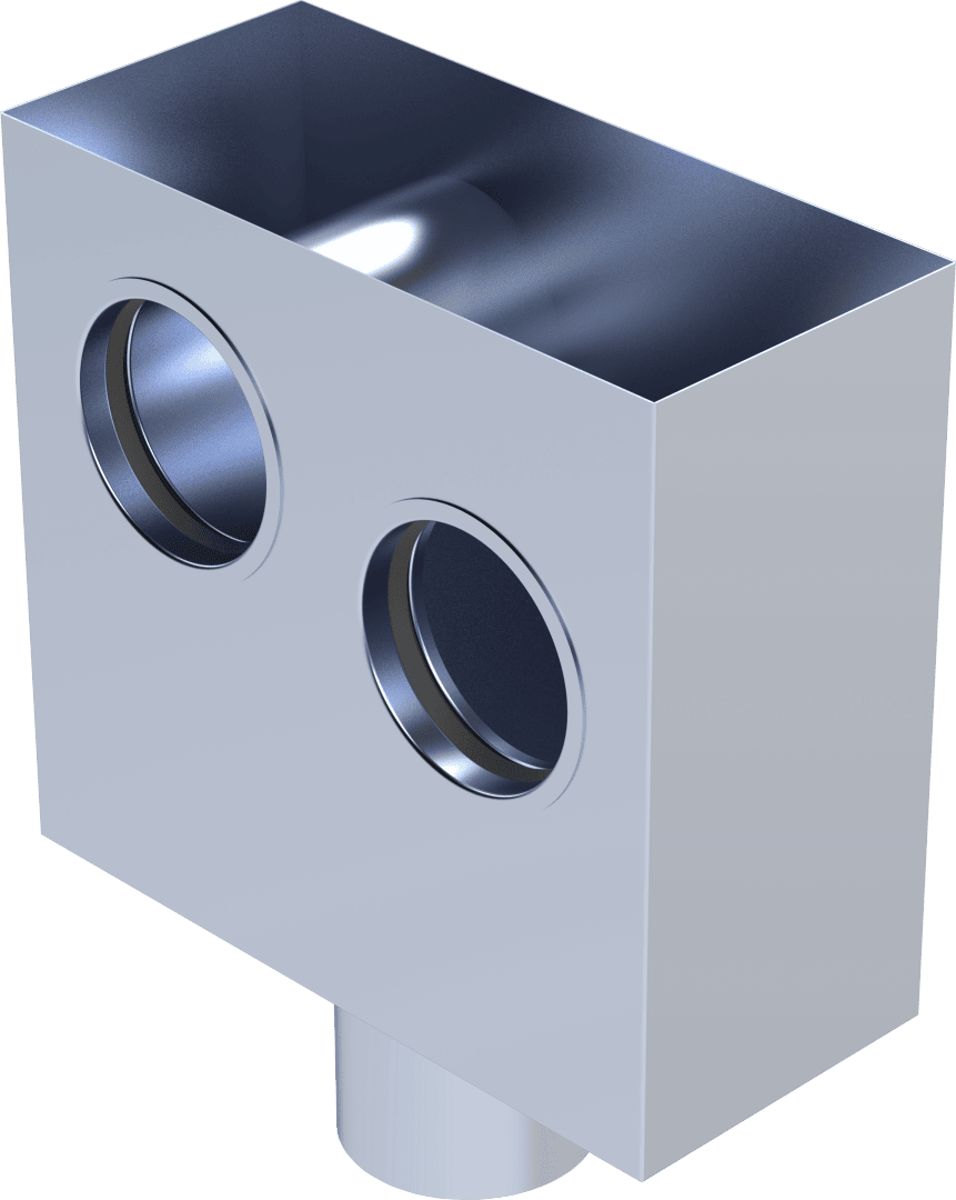 Ein rechteckiger Metallkasten mit zwei kreisförmigen Öffnungen an einer Seite und einem zylindrischen Boden an der Unterseite, möglicherweise Teil eines industriellen oder mechanischen Bauteils.