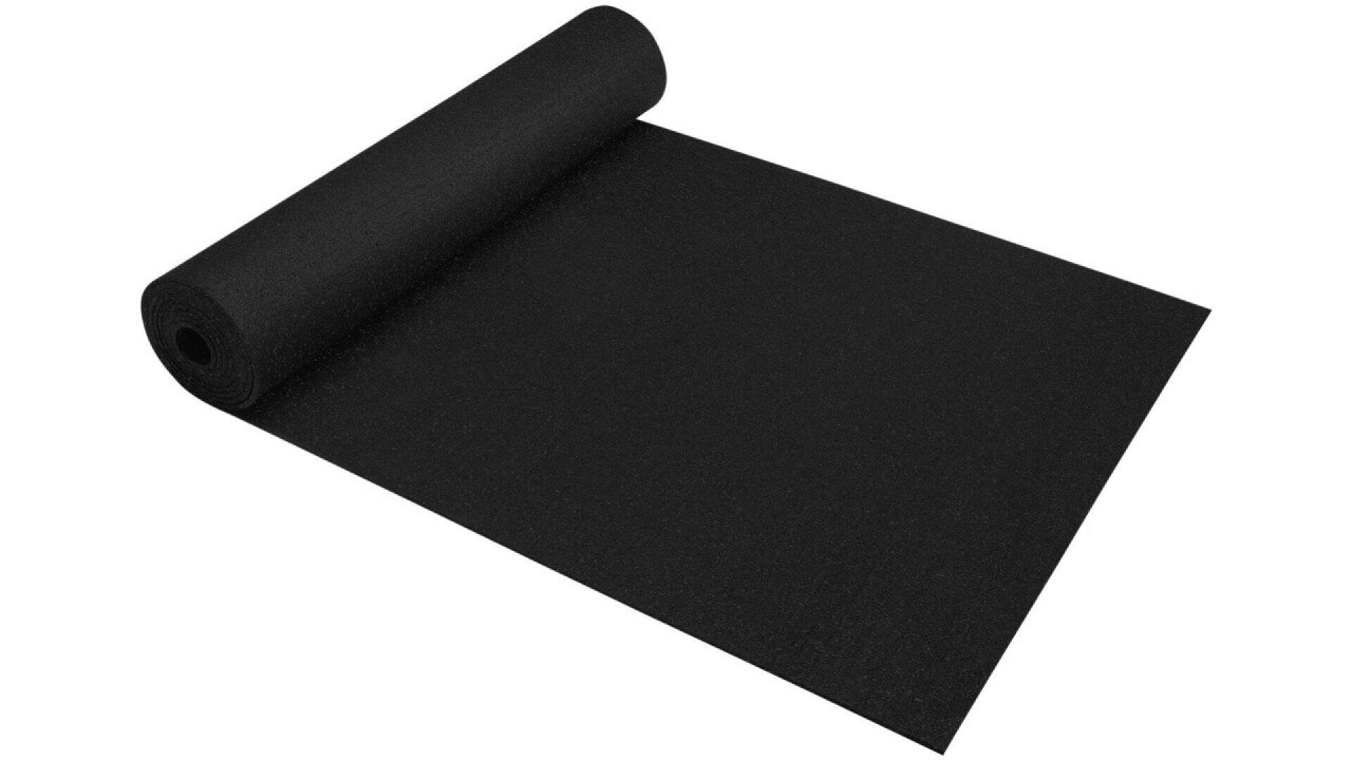 A black rubber mat is partially unrolled on a white background, with the roll on the left side and the flat section extending toward the right.