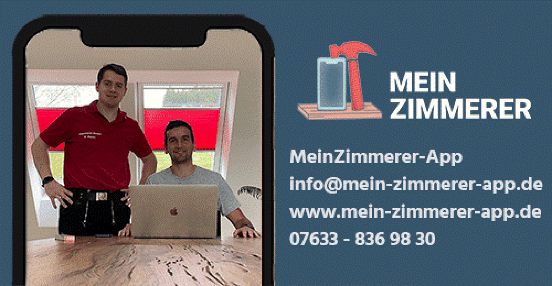 Two smiling men are seen through a phone screen graphic on the left. On the right, MEIN ZIMMERER and a hammer logo appear above contact details for the MeinZimmerer-App, including website, email, and phone number.