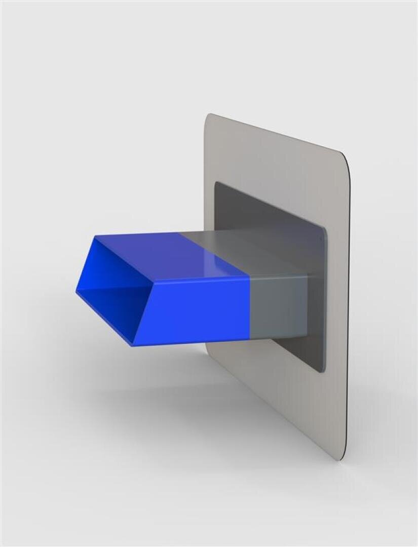 Eine 3D-Darstellung eines blauen trapezförmigen Prismas, das horizontal aus einer flachen, transparenten rechteckigen Fläche vor einem hellgrauen Hintergrund herausragt.