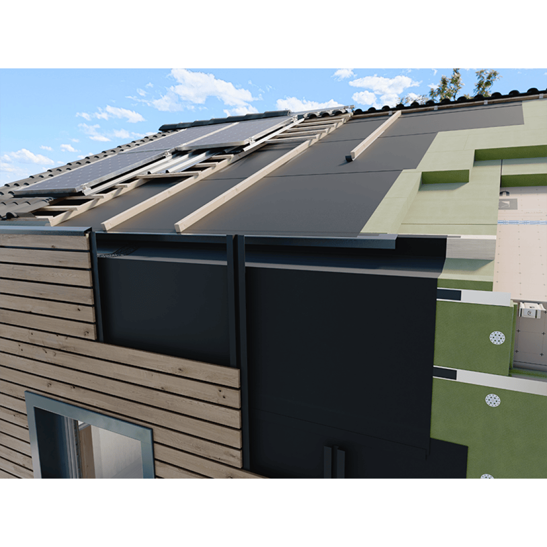 A close-up view of a modern building under construction, showing layered wall insulation, wood siding, black panels, and part of the roof with solar panels against a blue sky with clouds.