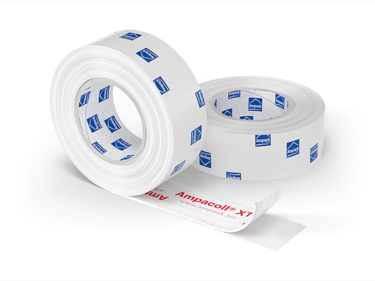 Three rolls of white tape with blue Ampack logos are on display, with one roll partially unrolled to reveal the sticky underside and red Ampacoll XT branding on the backing.