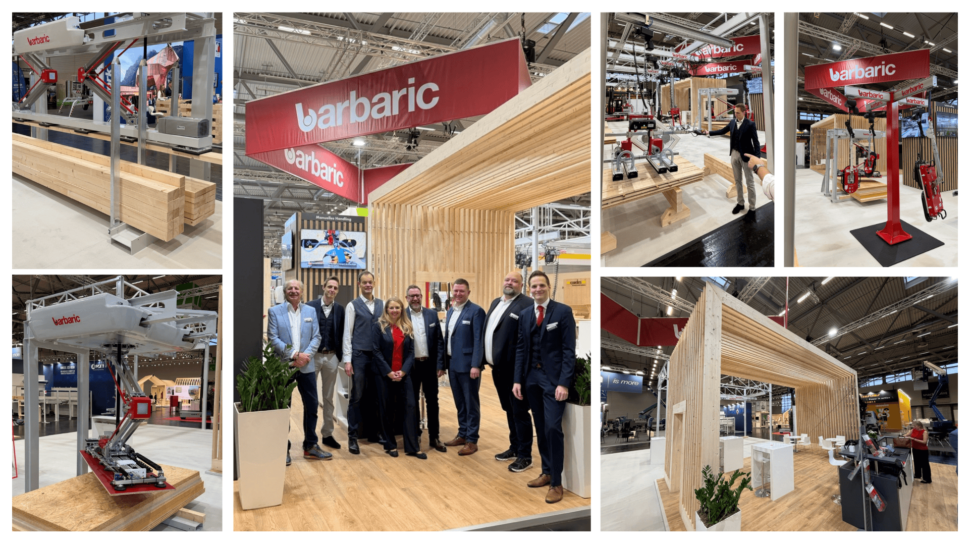 A collage of six pictures shows an exhibition stand of the Barbaric company with large wooden and metal machines, a group of formally dressed people and modern wooden constructions with bright interior lighting.