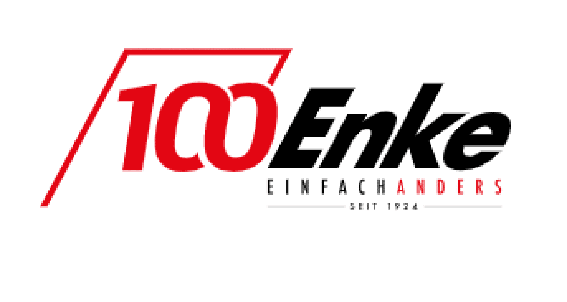 Logo mit großer roter Schrift 100, gefolgt von schwarzer Schrift Enke. Darunter steht in kleinerer Schrift EINFACH ANDERS mit ANDERS in Rot und darunter SEIT 1924. Das Design markiert ein 100-jähriges Jubiläum.