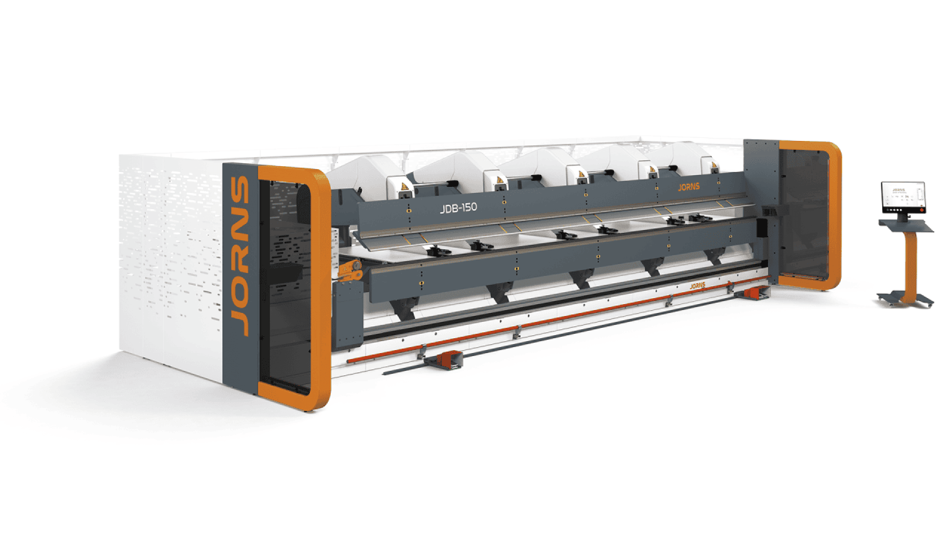 A large industrial sheet metal bending machine with a gray and orange design, labeled JORNS and JDB-150, stands next to a touchscreen control panel on a stand.