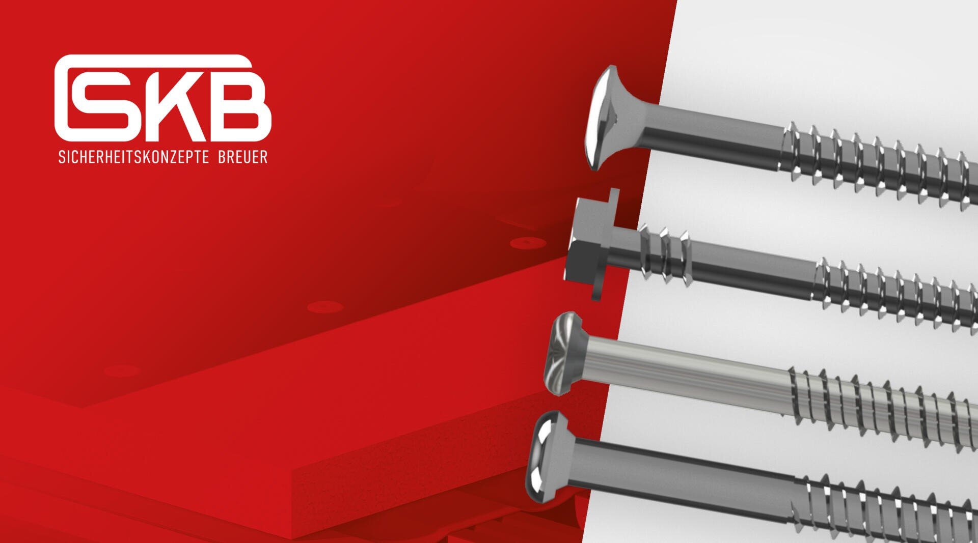 Four types of metal screws are shown horizontally on a white and red background with the SKB logo and the text Sicherheitskonzepte Breuer on the left.