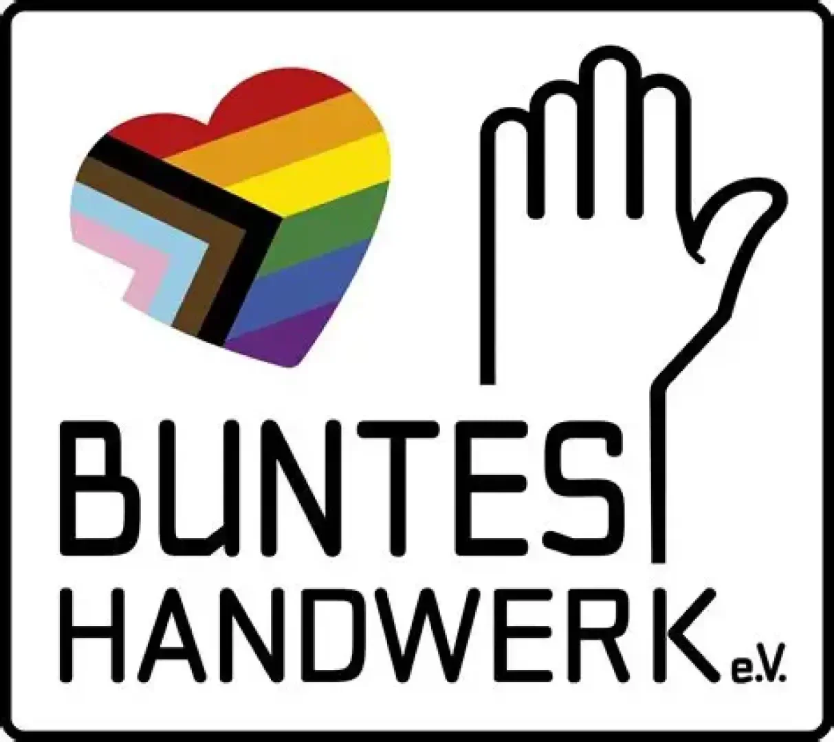 Logo mit einem Herz in den Farben der Progress Pride Flagge und einer umrandeten Hand. Darunter stehen die Worte "Buntes Handwerk e.V." in fetter schwarzer Schrift. Das Design hat einen weißen Hintergrund und einen schwarzen Rand.