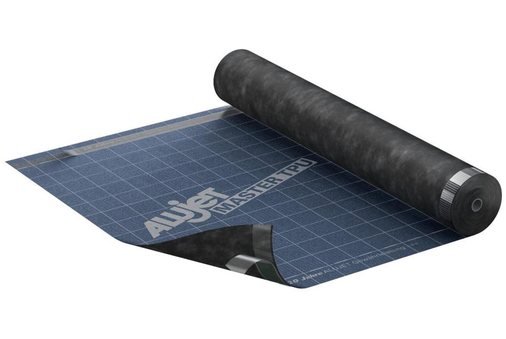 Eine aufgerollte schwarze Schneidematte, teilweise ausgerollt auf einer blauen Arbeitsfläche mit Raster, mit der Aufschrift „AWJER MASTER TPU“ und Maßmarkierungen an den Rändern.