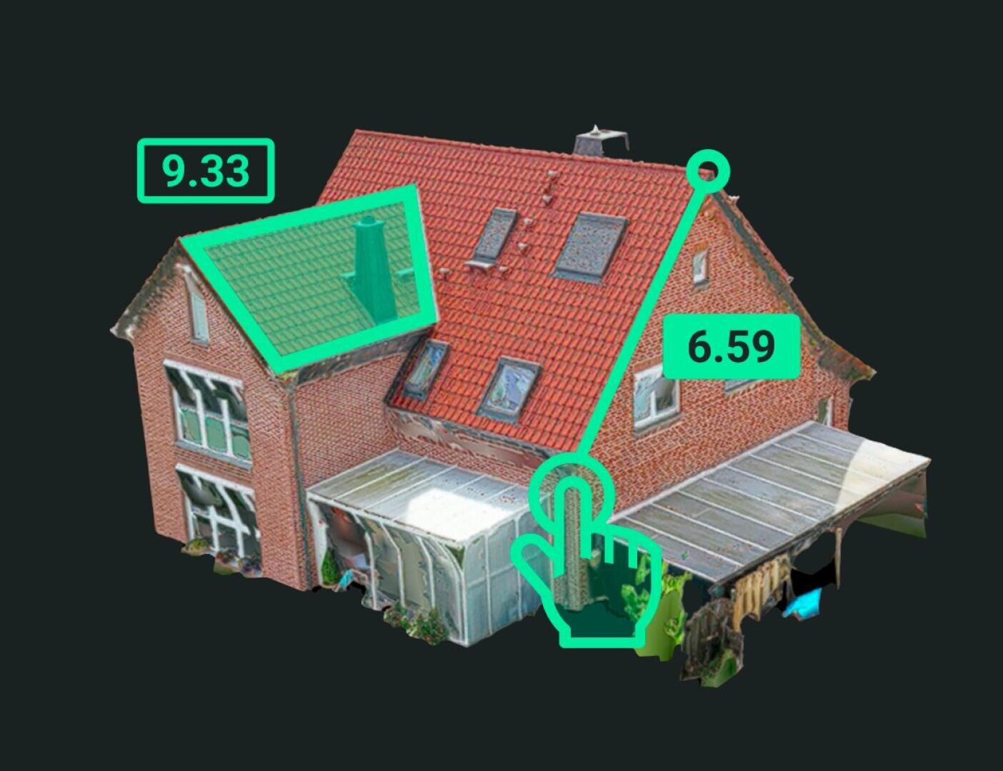 3D rendering of a red-brick house with measurements 9.33 and 6.59 marked on the roof in green, with a green digital hand icon pointing at the roof.