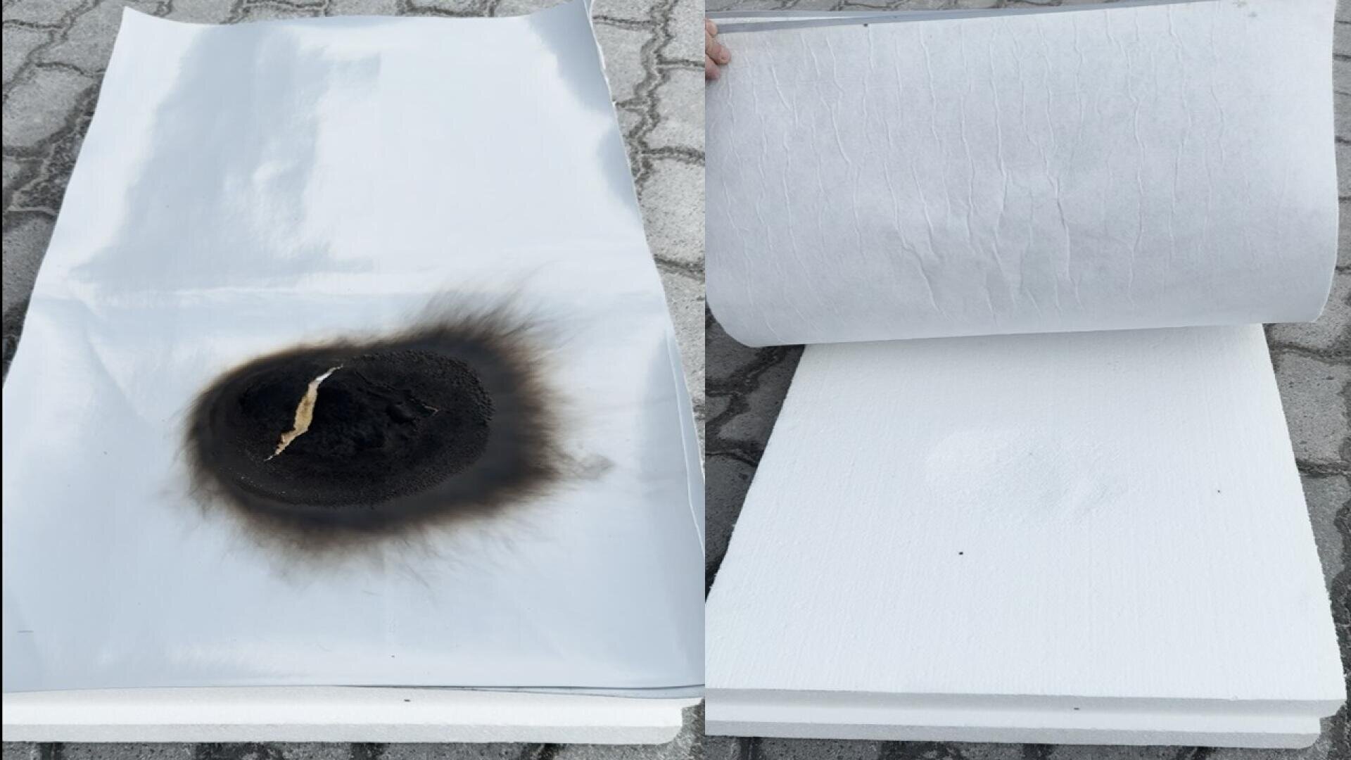 Zwei Bilder nebeneinander: Das linke zeigt ein weißes Blatt mit einem großen, dunklen Brandfleck; das rechte zeigt das gleiche Blatt, das angehoben wurde, um keine sichtbaren Schäden auf der weißen Schaumstoffoberfläche darunter zu zeigen.