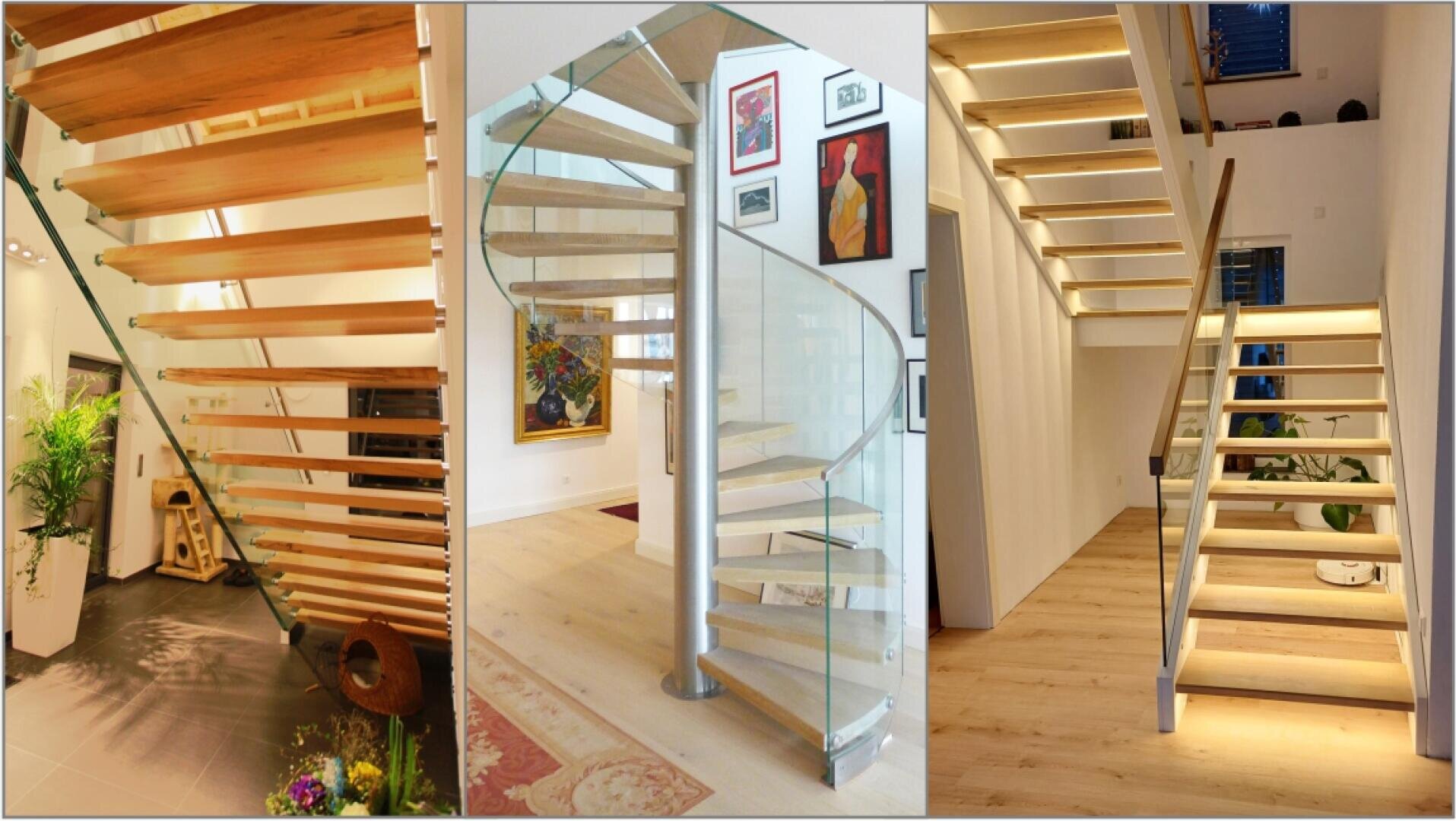 A collage of three modern interior staircases: one with wooden steps and glass banisters, a spiral staircase with glass and metal and a staircase with wooden steps and built-in step lighting.