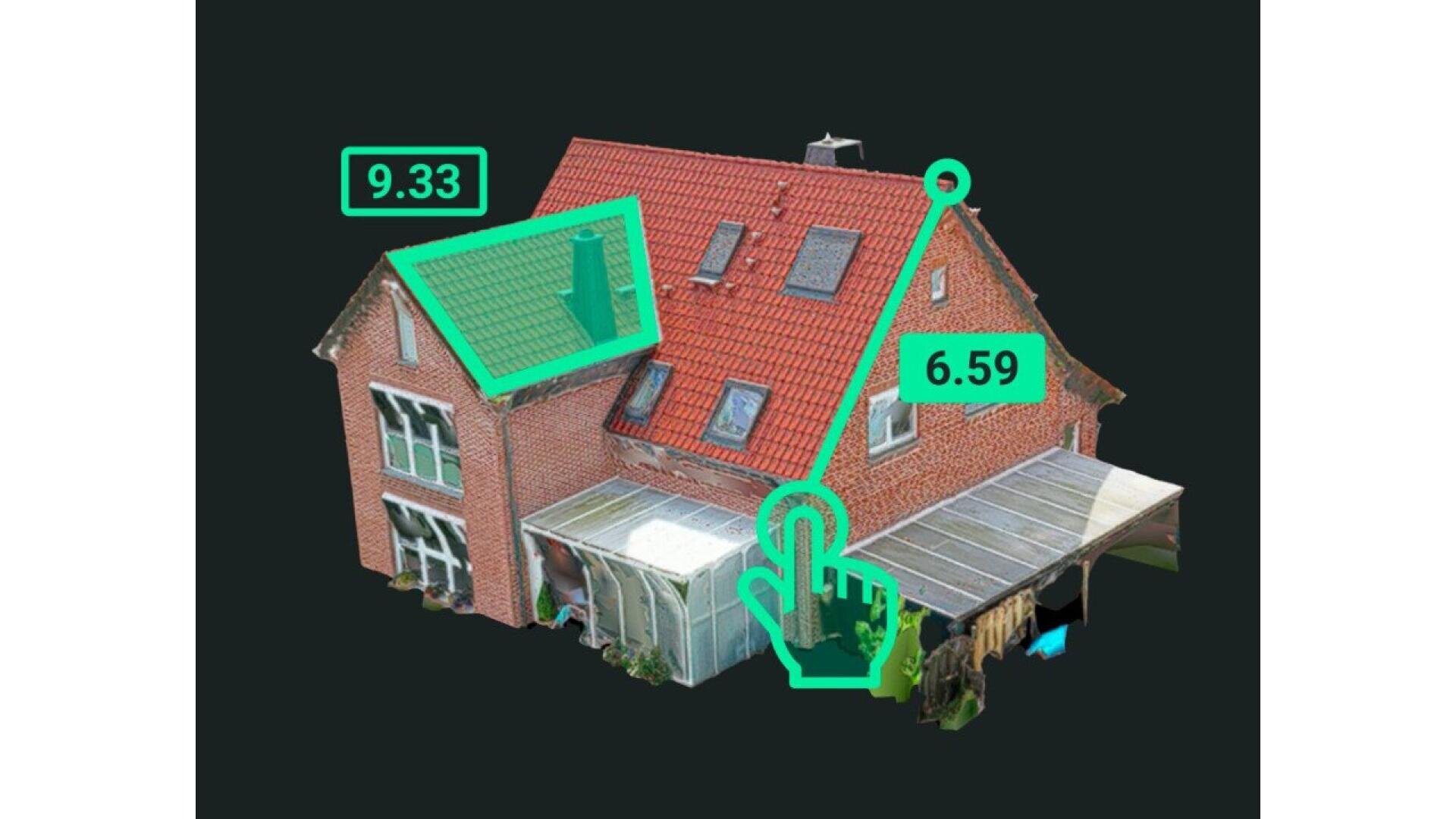 A brick house with a red roof is shown. Green lines and shapes highlight roof sections, with numbers “9.33” and “6.59” labeled. A green hand icon points to parts of the roof, suggesting measurement or selection.