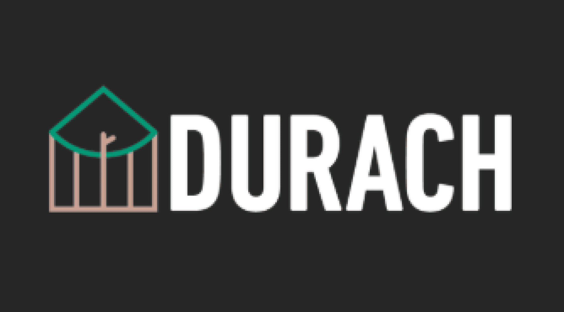 Logo mit dem Wort DURACH in fetten weißen Buchstaben auf dunklem Hintergrund. Links ein minimalistisches Haussymbol mit einem grünen Dach und beigen Wänden.
