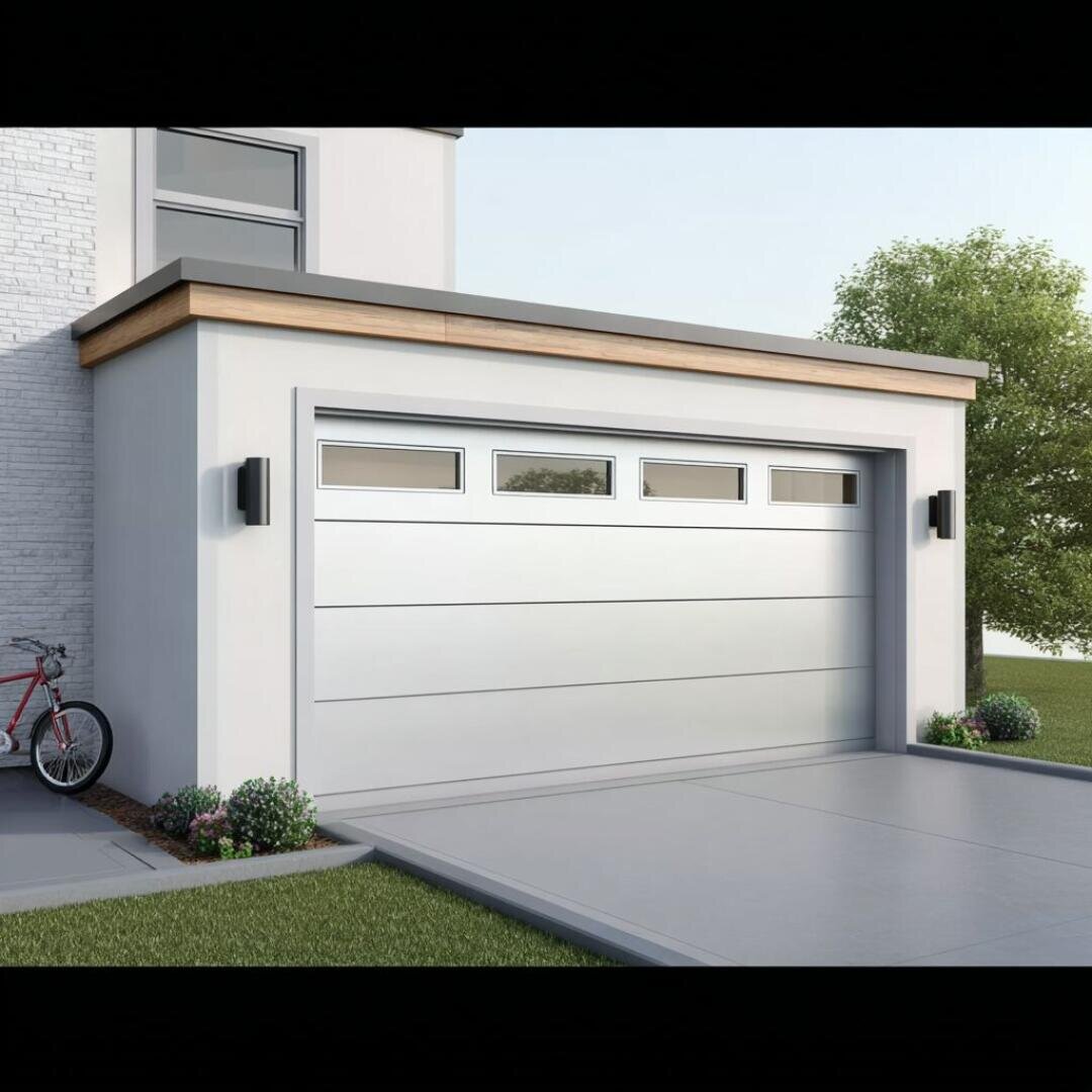 Modern house front with a plain white garage door with four rectangular windows at the top, surrounded by a neat driveway, green grass, small shrubs and a red bicycle on the left.