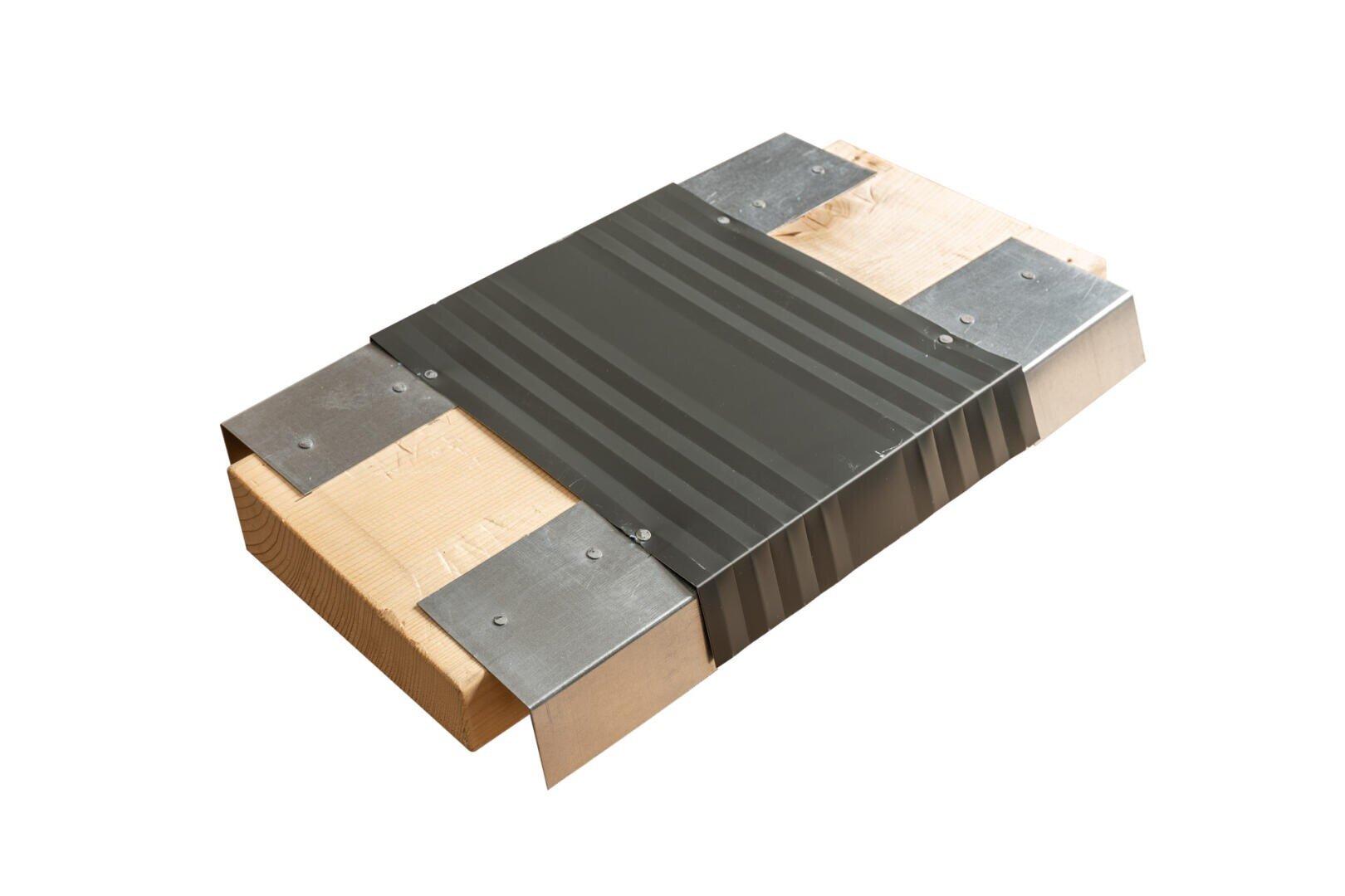 A rectangular wooden beam with metal brackets at both ends and a ribbed black metal plate covering the center, against a white background.