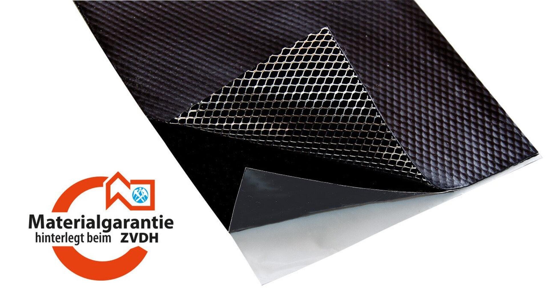 A close-up of a layered carbon fiber sheet with a mesh layer and transparent film being peeled back. On the left, a German Materialgarantie warranty label with an orange circular graphic is shown.