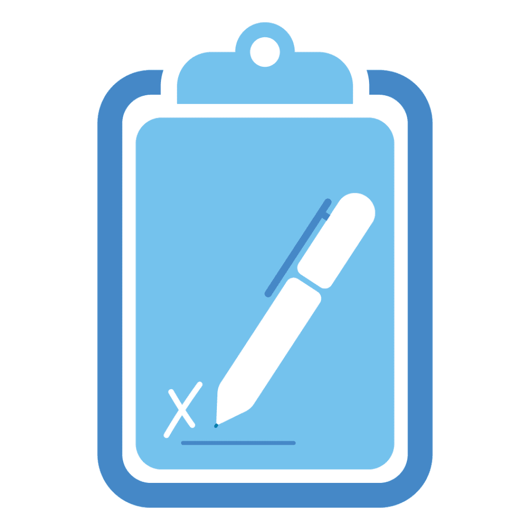 Ein blau-weißes Klemmbrettsymbol mit einem großen Stift und einer Linie, die ein Unterschriftenfeld darstellt, und einem kleinen X neben der Linie auf hellblauem Hintergrund.