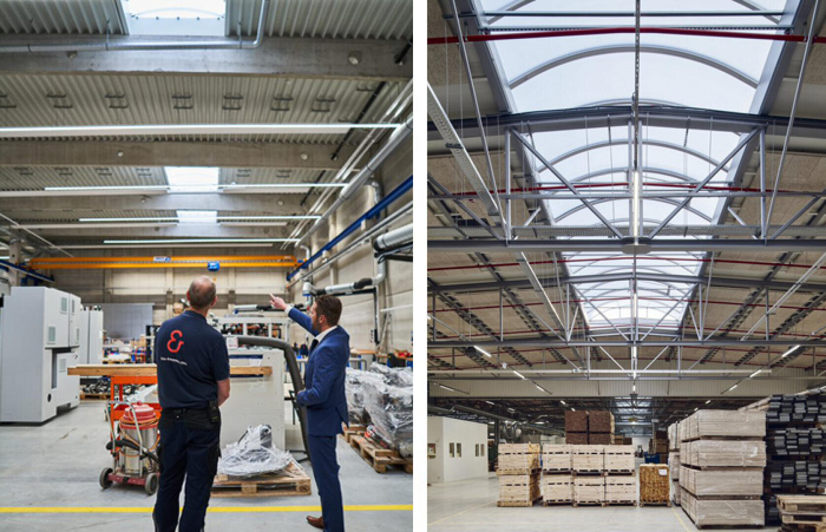 Zwei Männer stehen in einem großen Industrielager mit Oberlichtern und unterhalten sich über den Raum. Das nebenstehende Bild zeigt einen anderen Blickwinkel auf ein ähnliches Lagerhaus und hebt die gewölbten Oberlichter und die Palettenstapel hervor.