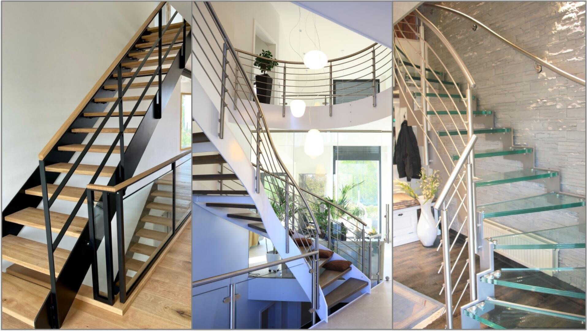 A collage of three modern interior staircases: on the left with wooden steps and a black banister, in the middle with a metal banister and beige steps and on the right with glass steps and a curved metal banister.
