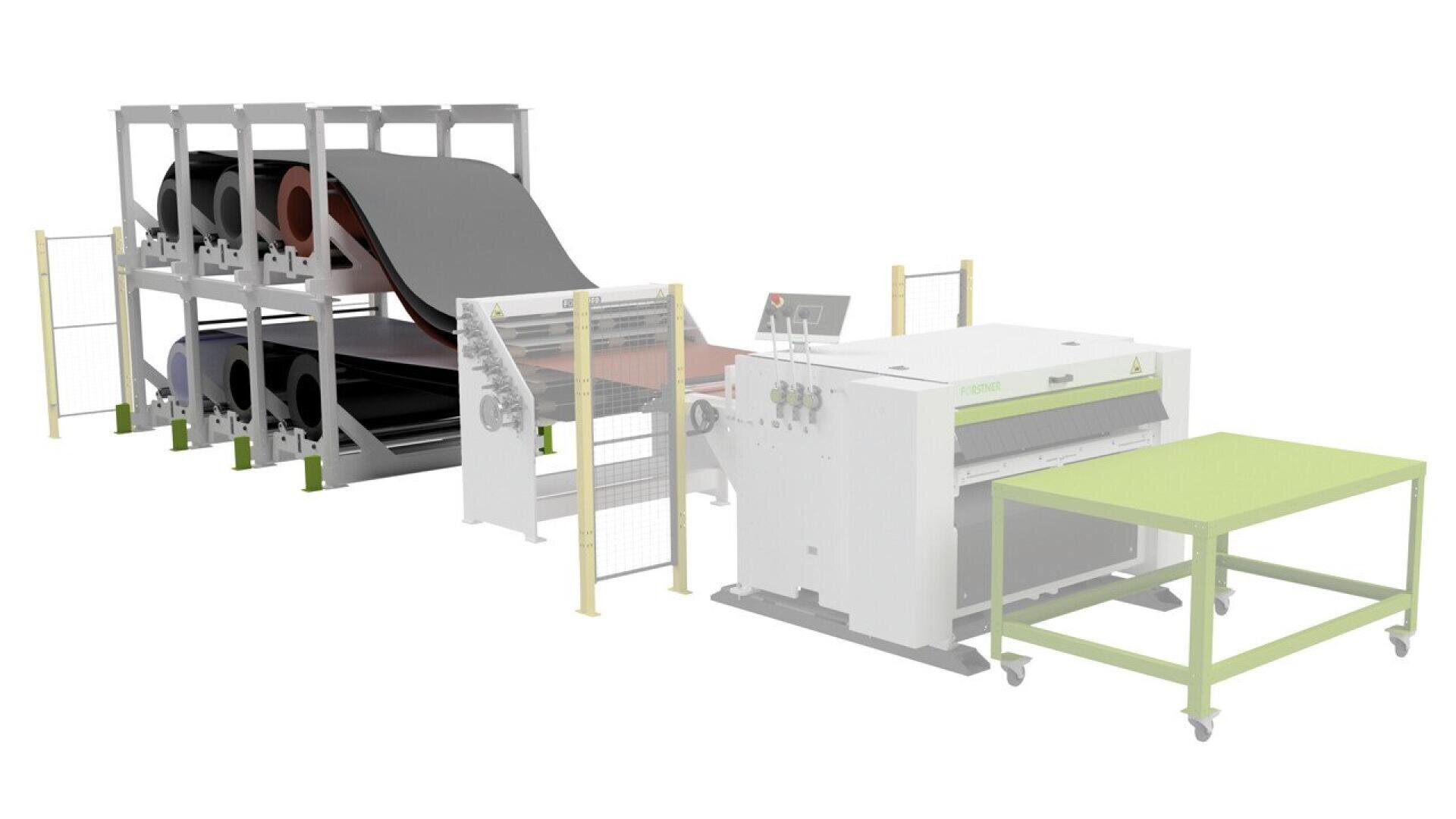 A 3D rendering of an industrial fabric processing machine with multiple rolls of material feeding into a cutting or pressing machine, ending at a green table on wheels. Safety barriers surround parts of the setup.