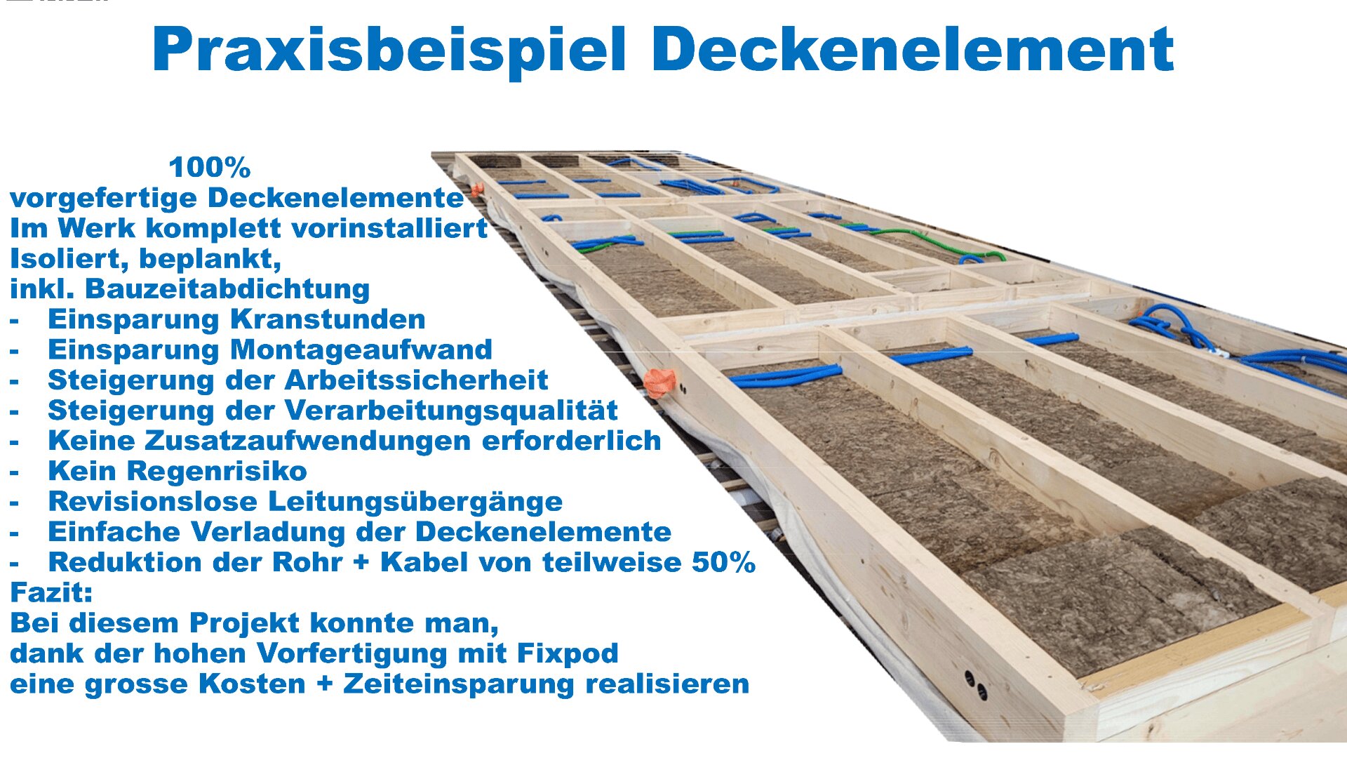 Abgebildet ist ein großes, vorgefertigtes Deckenelement aus Holz mit blauen Kabeln und Isolierung. Links werden in einem deutschen Text die Vorteile dieser Deckenmodule wie Einsparungen, Wetterschutz und einfache Montage aufgeführt.