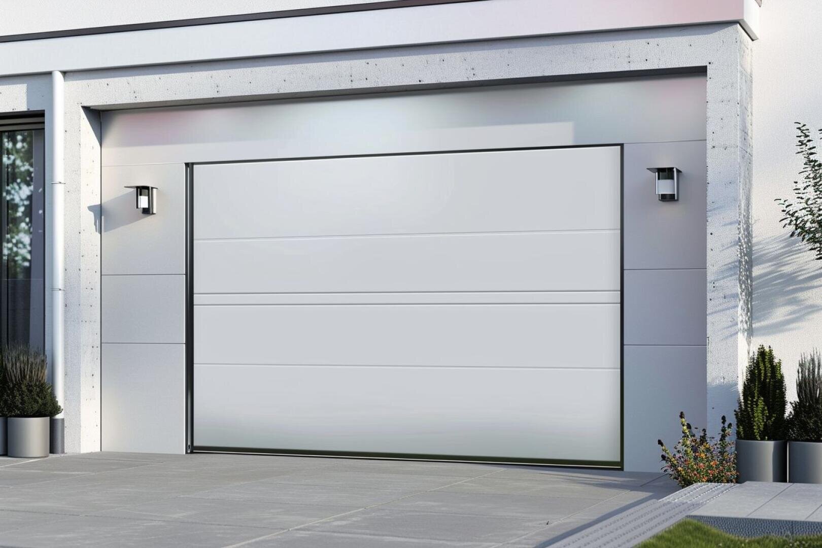 Modern white garage door with horizontal panels on a contemporary house. Two rectangular wall lights are mounted on either side and potted plants adorn the entrance. The driveway is neat and paved.
