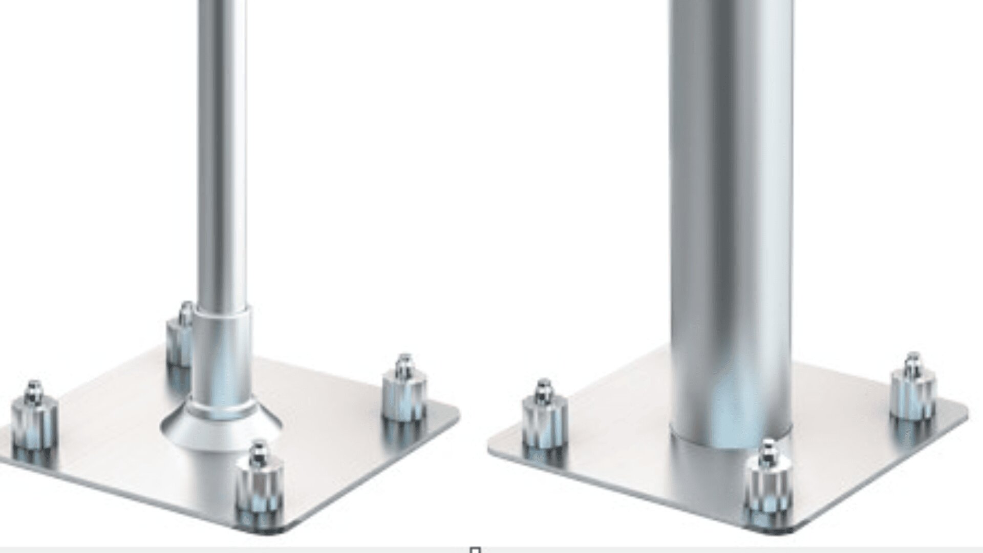 Zwei Metallstangen sind jeweils auf separaten quadratischen Metallgrundplatten mit vier Schrauben an den Ecken montiert. Die linke Stange hat eine konische Verbindung, während die rechte Stange direkt mit der Basis verbunden ist.