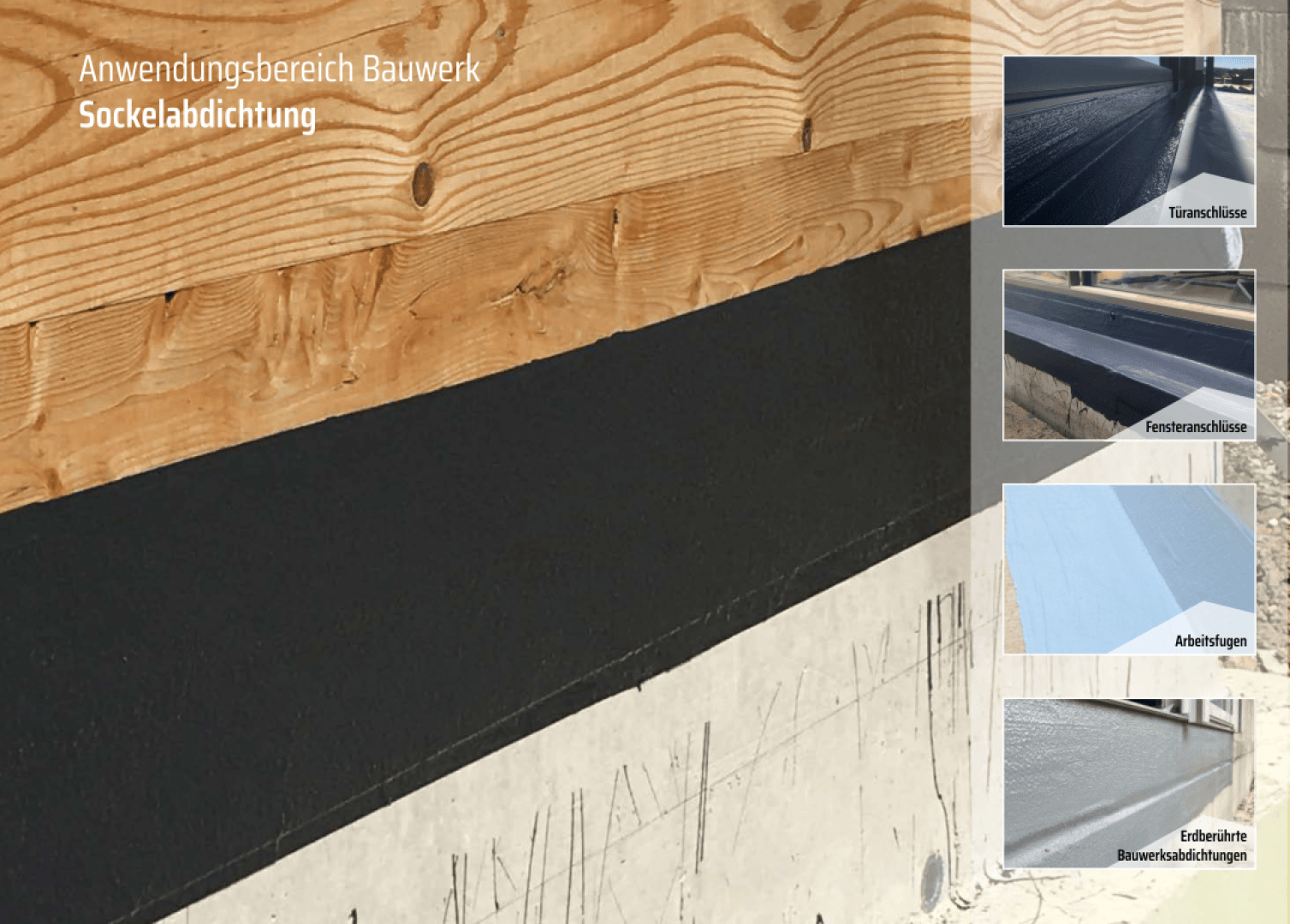 Ein Gebäudefundament mit schwarzer Abdichtungsmasse, die zwischen Holz und Beton aufgetragen wurde. Vier kleinere Bilder auf der rechten Seite zeigen Nahaufnahmen von Abdichtungen an Tür- und Fensterfugen, Konstruktionsnähten und der Oberflächenanwendung.